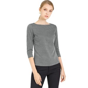 Allegra K Women's Work Office 3/4 Sleeve Boat Neck Houndstooth Printed Blouse - 1 of 4