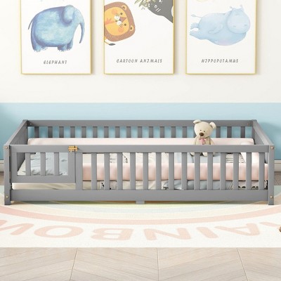 CAVINAS Full Size Wood Montessori Bed,Modern Floor Bed with Safety Guardrails and Door,Toddler Bed for Bedroom