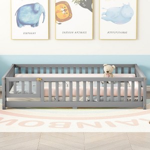 CAVINAS Full Size Wood Montessori Bed,Modern Floor Bed with Safety Guardrails and Door,Toddler Bed for Bedroom - 1 of 4
