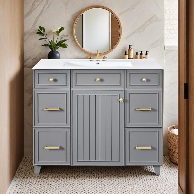 36" Bathroom Vanity with Ceramic Sink, Solid Wood Frame, Soft Close Doors, Adjustable Shelves, 3 Drawers - Leovsnove