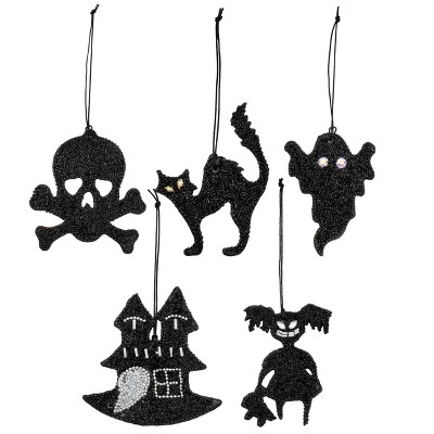 Decorae Beaded Hanging Halloween Ornaments (Set of 5, Black); Reversible Spooky Tree Decorations