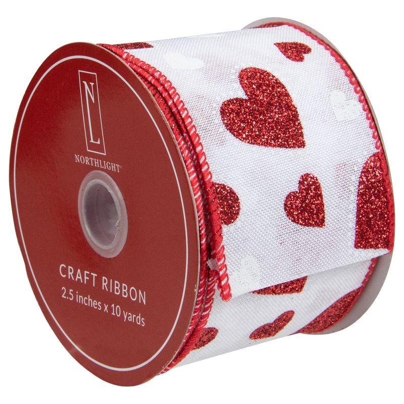 Northlight White and Red Glitter Hearts Valentine's Day Wired Craft Ribbon 2.5" x 10 Yards, 3 of 4
