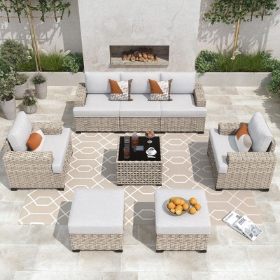 XIZZI All-Weather Rattan Furniture, Sectional Sets w/ Optional Solar Light-Up Coffee Table & Ottoman, Choose 6-9pc Configs in 8 Fade Resistant Colors