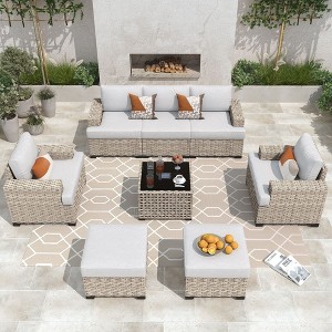 XIZZI All-Weather Rattan Furniture, Sectional Sets w/ Optional Solar Light-Up Coffee Table & Ottoman, Choose 6-9pc Configs in 8 Fade Resistant Colors - 1 of 4