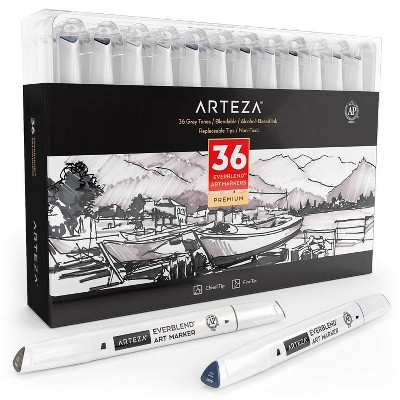 Arteza EverBlend Ultra Art Markers, Brush Nib, Gray Tones - 36 Piece