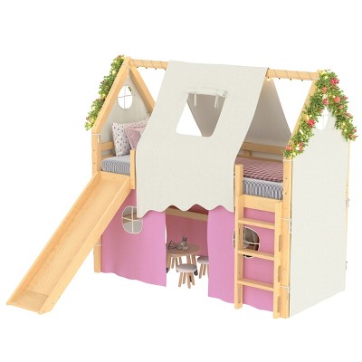 TopComfy Beds Twin Size House Loft Bed with Sills and Tents Loft Bed with Ladders and Slide No Box Spring Needed for Bedroom, Pink, 78"*41.89"*72.9"