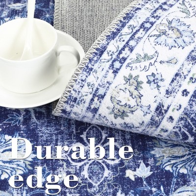Navy Blue Floral Chenille 9' x 12' Washable Area Rug