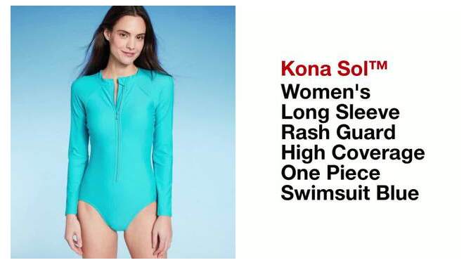 Women's Long Sleeve Rash Guard High Coverage One Piece Swimsuit - Kona Sol™ Blue, 2 of 17, play video
