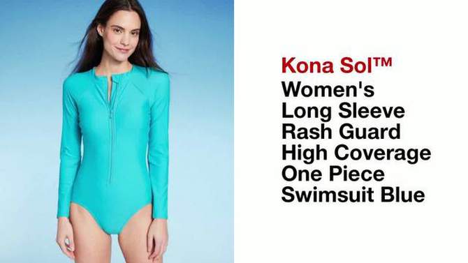 Women's Long Sleeve Rash Guard High Coverage One Piece Swimsuit - Kona Sol™ Blue, 2 of 17, play video