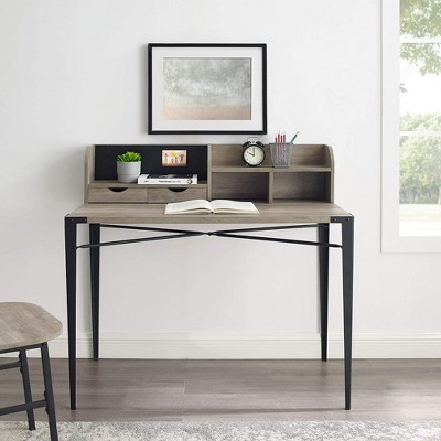 42" Grey Wash Industrial Secretary Desk with Hutch and Drawers