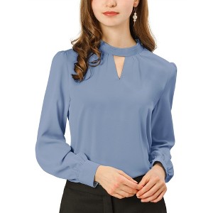 INSPIRE CHIC Women's Office Keyhole Elegant Stand Collar Long Sleeve Back Neck Button Blouse - 1 of 4
