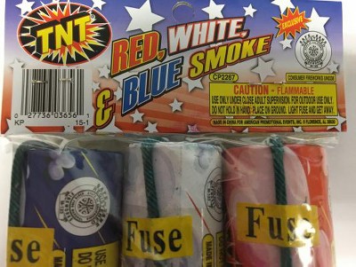 TNT Red White & Blue Smoke Fireworks with UPC on the Packaging