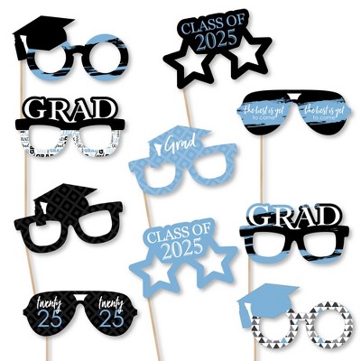 Big Dot of Happiness 2025 Light Blue Graduation Glasses - Paper Card Stock Party Photo Booth Props Kit - 10 Count