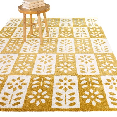 Karol Gold and White Floral Rectangular Kids Area Rug