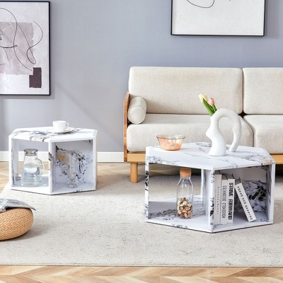 CAVINAS Living Room Side Tables with Perforated Design, Hexagonal Tea Table with Storage, Modern Wood Coffee Table for Living Room, Bedroom