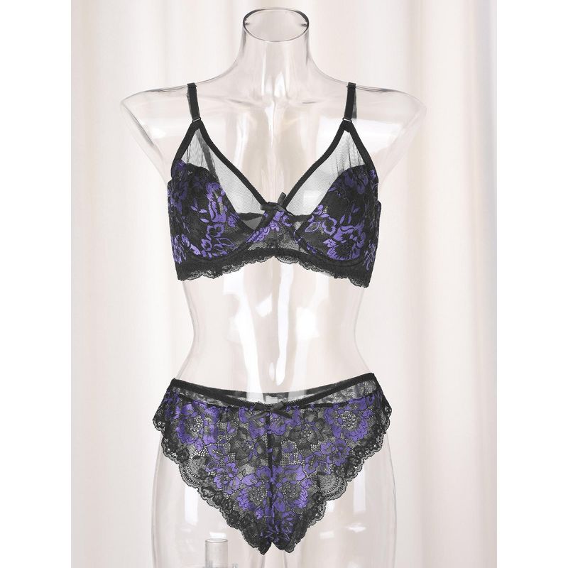 Agnes Orinda Women's Underwire Floral Lace Mesh Push-Up 2-Hook Lace Trim Bra and Panty Set, 2 of 6