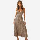Women's Leopard Plunging Neck Lace Up Maxi Slip Dress -Cupshe - Brown