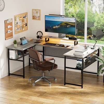 Aheaplus 83'' U-Shaped Computer Desk with Power Outlets & Led Lights, Reversible Corner L-Shaped Home Office Desk with Storage Shelf & Monitor Stand