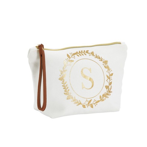 Glamlily Gold Initial S Personalized Makeup Bag for Women, Monogrammed Canvas Cosmetic Pouch (White, 10 x 3 x 6 in)