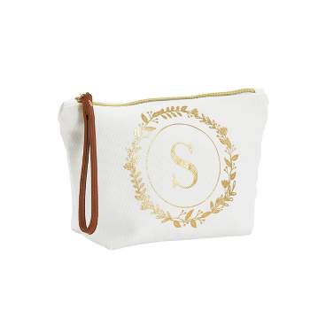 Gold Initial S Personalized Makeup Bag for Women, Monogrammed Canvas Cosmetic Pouch (White, 10 x 3 x 6 In)