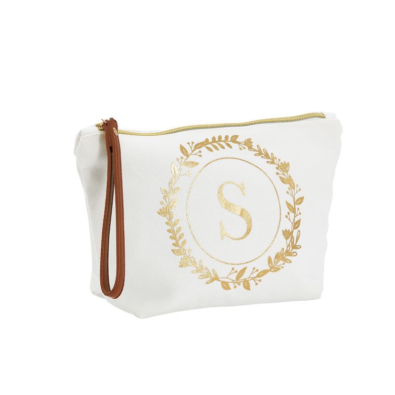 Gold Initial S Personalized Makeup Bag for Women, Monogrammed Canvas Cosmetic Pouch (White, 10 x 3 x 6 In), 1 of 9