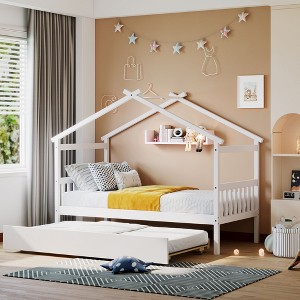 NicBex Twin Size Loft Bed Roof Shape Pine Bed Frame with Twin Trundle and Headboards for Bedroom, No Box Spring Required - 1 of 4