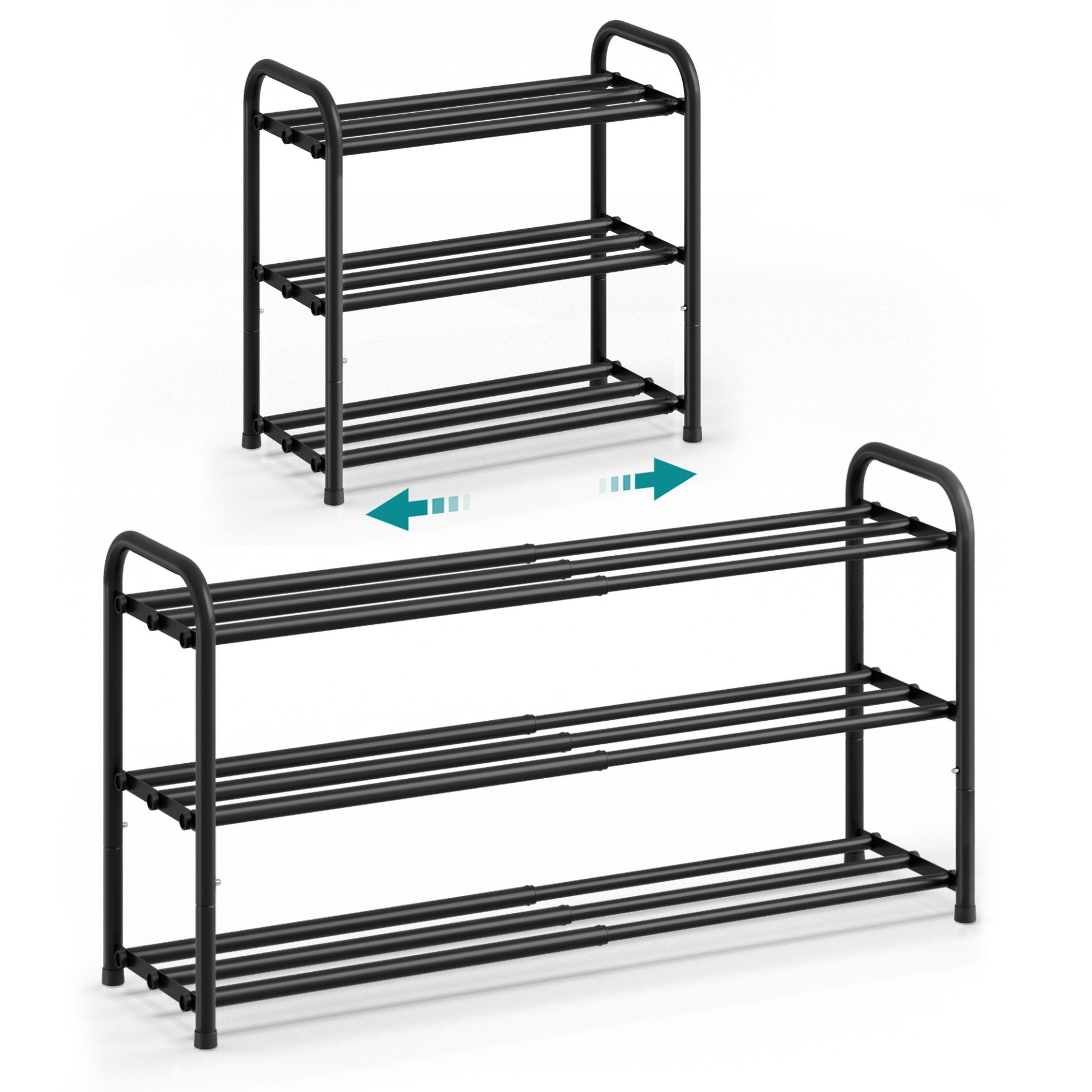 SONGMICS Expandable Shoe Rack, Adjustable Shoe Organizer Storage Shelf, Sturdy and Heavy-Duty, for Closet, Entryway, Living Room, 3-Tier, Ink Black