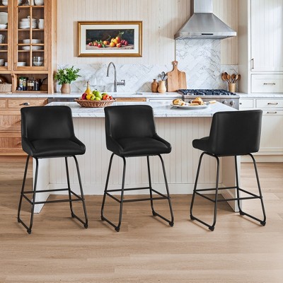 Arceso Swivel Bar Stools Set of 3, 26 Inch Upholstered Barstools with Backs, Modern Faux Leather Counter Height Bar Stool , Brown Counter Stools