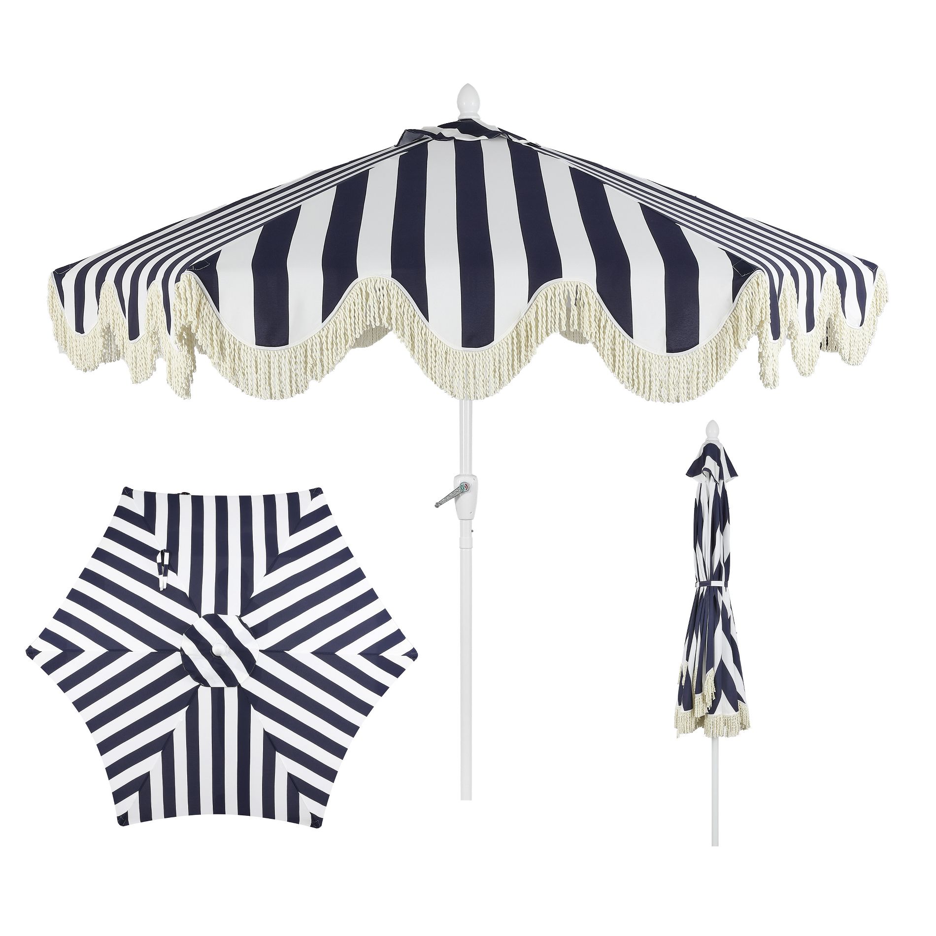 JONATHAN Y Collins 9 ft. Fringe Tassel Patio Umbrella w/ Auto-Tilt Crank,Wind Vent & UV Protection in Navy & White Stripe/Cream,White Pole