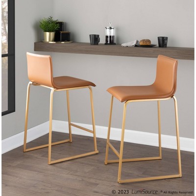 Set of 2 Gold Metal and Camel Faux Leather Counter Stools