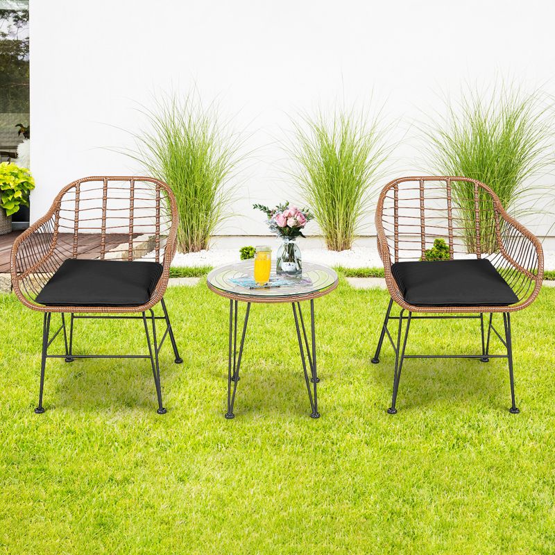 Tangkula 3PCS Patio Rattan Furniture Set with Round Tempered Glass Top Table & 2 Rattan Armchairs White/Turquoise/Red/Black/Gray/Navy, 4 of 13