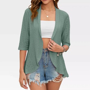 Womens Spring Cardigan 3/4 Sleeve Open Front Cardigan Tiny Hollow Out Woven Jacquard Cardigan with Flounce Hem - 1 of 4