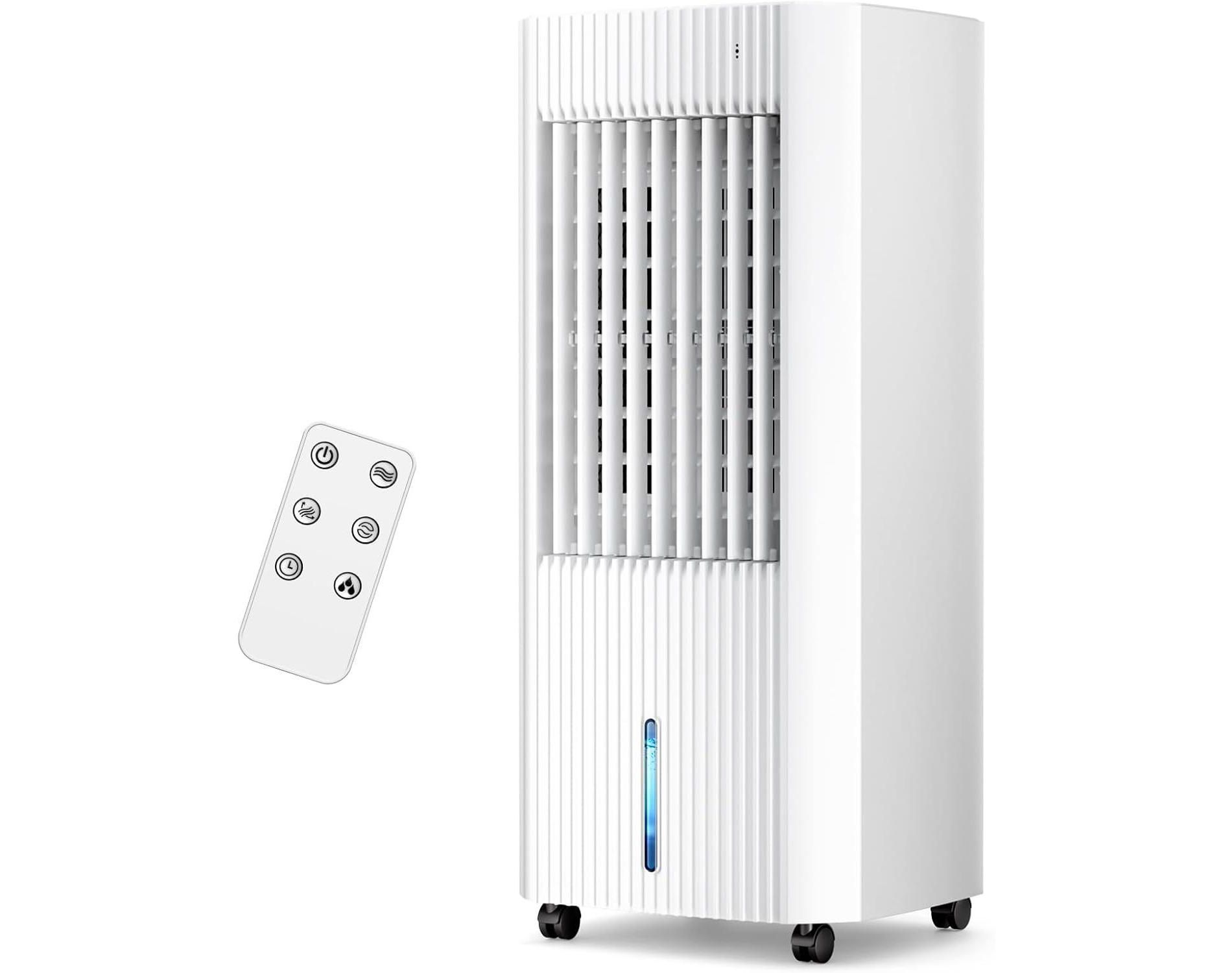 3-in-1 Evaporative Air Cooler - 1.5 Gallon Portable Cooling Fan with Humidifier, 3 Speeds, 4 Ice Boxes, 15H Timer & Remote for Home & Office, White