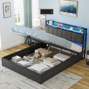 AMERLIFE Lift Up Bed Frame with Linen Upholstered & LED Light & Storage Headboard - 1 of 3