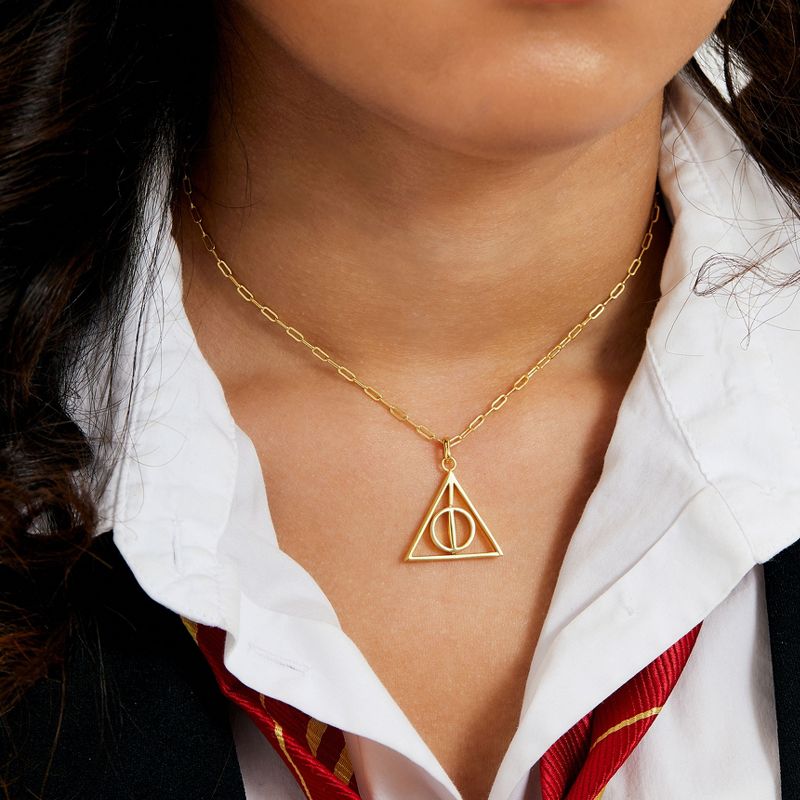 Harry Potter Womens Deathly Hallows 18KT Gold Plated Paperclip Chain Necklace with Spinning Deathly Hallows Pendant, 18", 2 of 7