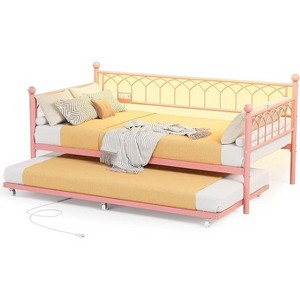 Coucheta Twin Sofa Bed with Trundle - Heavy Duty Metal Platform Frame with Charging Station & LED Lights, Multiple Colors - 1 of 4