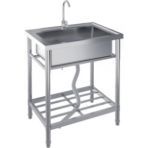 Stainless Steel Utility Sink, 28" Free Standing Indoor Outdoor Single Bowl Kitchen Laundry Sink with Cold and Hot Water Pipe - 1 of 4