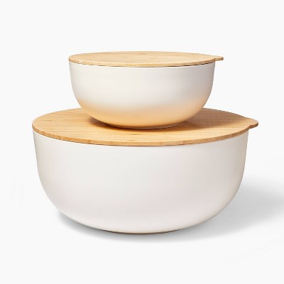 4pc (set Of 2) Plastic Mixing Bowl Set With Bamboo Lids Cream - Figmint ...