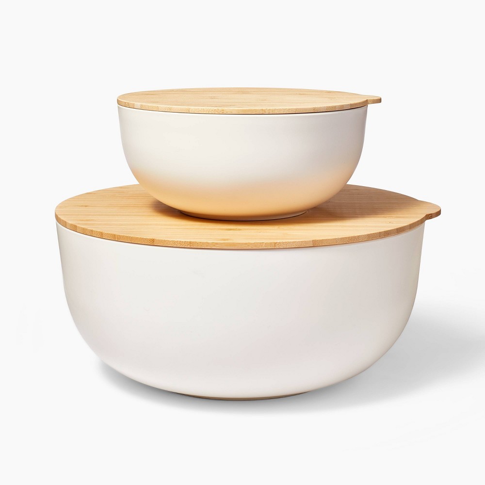 4pc (set of 2) Plastic Mixing Bowl Set with Bamboo Lids Cream - Figmintâ„¢