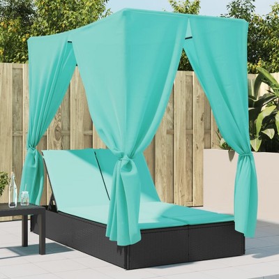 Double Sun Lounger with Roof and Curtains Black Poly Rattan vidaXL