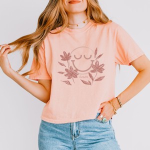 S.W.Smiley Pink Flowers Outline - Women's Boxy Crop Top Graphic T-Shirt - 1 of 4