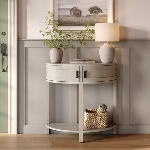 Stead Farmhouse Half Moon Console Table - Small Entry Table with Storage for Narrow Spaces, Modern Home Decor, Weathered White - 1 of 4