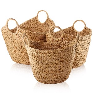 Casafield Set of 3 Water Hyacinth Boat Baskets with Handles, Woven Storage Organizers for Blankets, Laundry, Bathroom, Bedroom, Living Room - 1 of 4