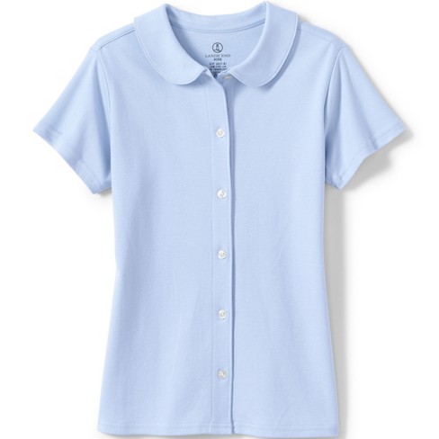 Lands' End School Uniform Kids Short Sleeve Button Front Peter Pan Collar  Knit Shirt - Large - Blue