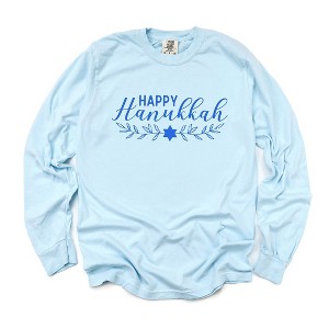 Simply Sage Market Women's Happy Hanukkah Blue Long Sleeve Garment Dyed Tee - 1 of 3