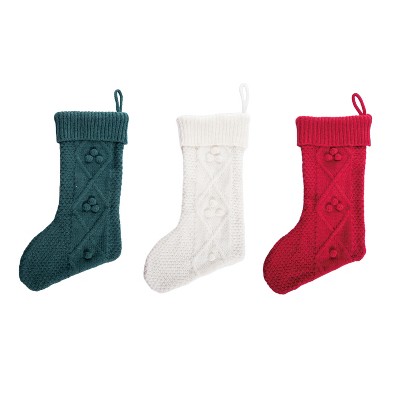 Transpac Fabric Traditional Knit Stocking Set of 3 Christmas Home Decorations Holiday Stockings Polyester