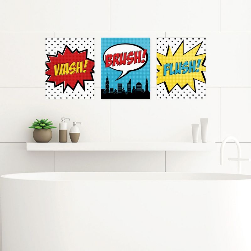Big Dot of Happiness BAM! Superhero - Unframed Wash, Brush, Flush - Bathroom Wall Art - 8 x 10 inches - Set of 3 Prints, 1 of 7