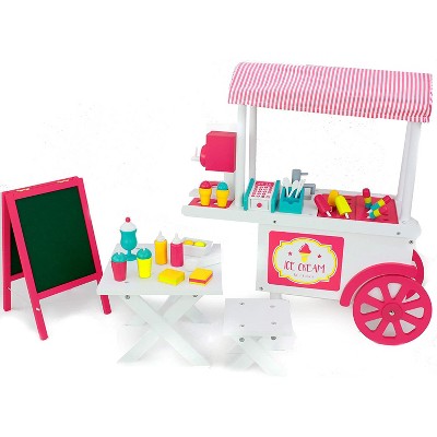 Playtime by Eimmie Real Wooden Ice Cream Cart Dollhouse Furniture with Tables, Food, Condiments, & Other Accessories for 18" Dolls, Ages 3 Years & Up