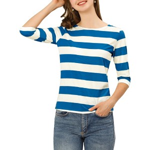 INSPIRE CHIC Women's Stripes Casual Basic Elbow Sleeves Boat Neck Slim Fit T-Shirts - 1 of 4