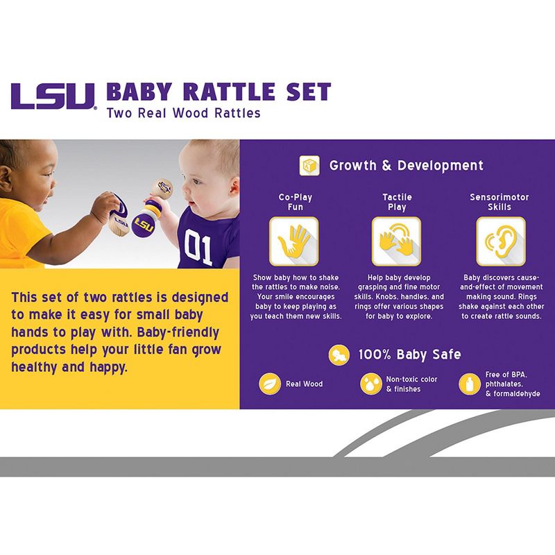Baby Fanatic Wood Rattle 2 Pack - NCAA LSU Tigers Baby Toy Set, 3 of 5